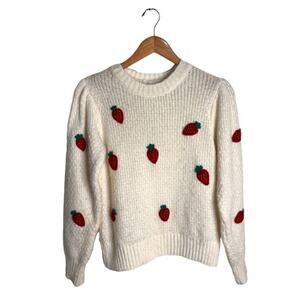MNG Mango Sweater Appliqué Strawberry Size Small Cream Knit Puff Sleeve Acrylic